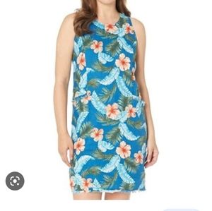 Tommy Bahama Hibiscus Isle Floral Linen Shift Dress Frayed Hem Pockets